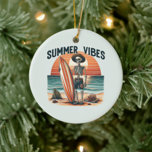 Summer Vibes Skeleton Surfer Sunset Beach Design Ceramic Tree Decoration