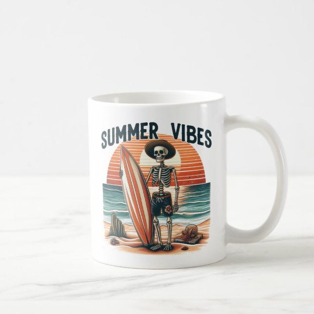 Summer Vibes Skeleton Surfer Sunset Beach Design Coffee Mug (Right)