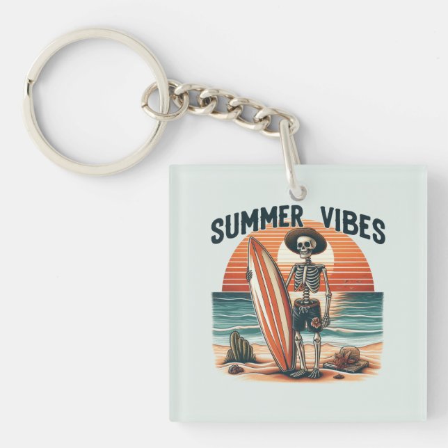Summer Vibes Skeleton Surfer Sunset Beach Design Key Ring (Front)