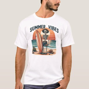 Summer Vibes Skeleton Surfer Sunset Beach Design T-Shirt
