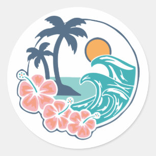 Summer Vibes Sunset Beach, Retro Vintage summer Classic Round Sticker