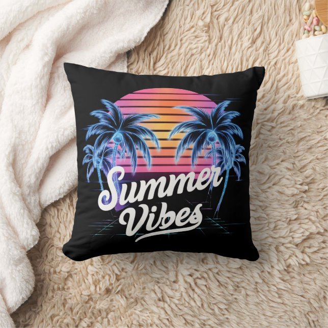 Summer Vibes Synthwave T-Shirt – Neon Palm Tree  Cushion (Blanket)