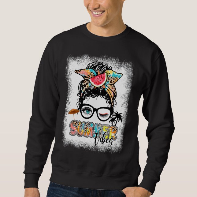 Summer Vibes Tie Dye Leopard Messy Bun Watermelon  Sweatshirt (Front)