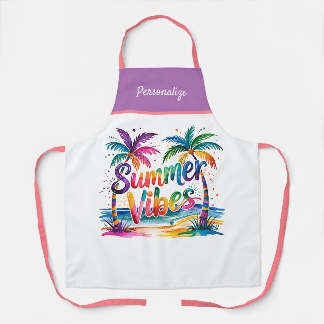 Summer Vibes Vibrant Palm Trees Ocean Personalised Apron (Front)