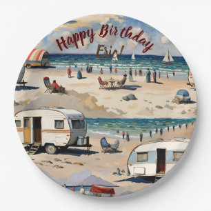 Summer Vibes, Vintage Caravan on the Beach Paper Plate