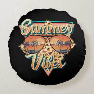 Summer Vibes Vintage Sunglasses Beach Sunset Round Cushion