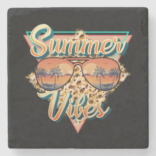 Summer Vibes Vintage Sunglasses Beach Sunset Stone Coaster