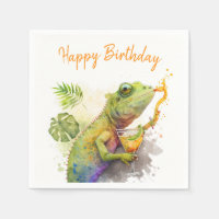 Summer Vibes Watercolor Chameleon - Happy Birthday
