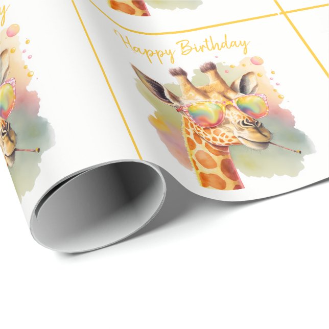 Summer Vibes Watercolor Giraffe - Happy Birthday Wrapping Paper (Roll Corner)
