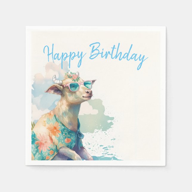 Summer Vibes Watercolor Goat - Happy Birthday Napkin (Front)