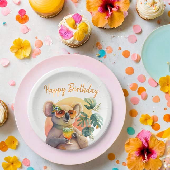 Summer Vibes Watercolor Koala -  Happy Birthday  Paper Plate (Creator Uploaded)