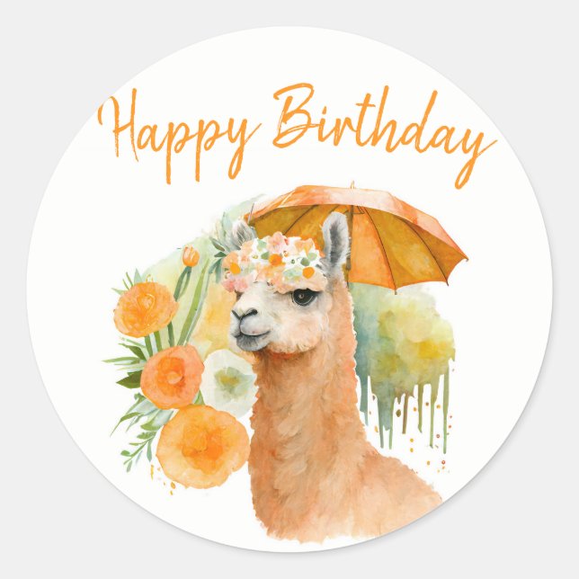 Summer Vibes Watercolor Llama - Happy Birthday Classic Round Sticker (Front)