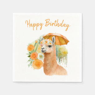 Summer Vibes Watercolor Llama - Happy Birthday Napkin