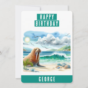 Summer Vibes Watercolor Walrus  Birthday Card
