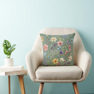 Summer Vibes Watercolor Wildflower Sage Green Cushion