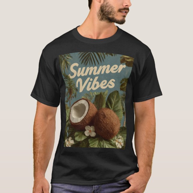 "Summer Vibes" with Coconuts and Tropical Foliage T-Shirt (Front)