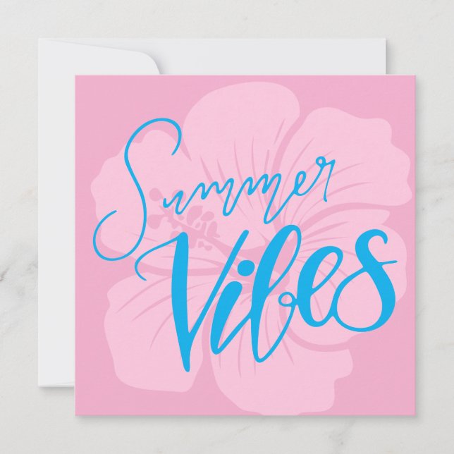 Summer Vibes with Hibiscus Flower – Pink and Blue Holiday Card (Front)