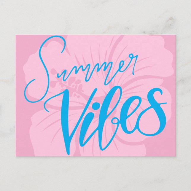 Summer Vibes with Hibiscus Flower – Pink and Blue Holiday Postcard (Front)