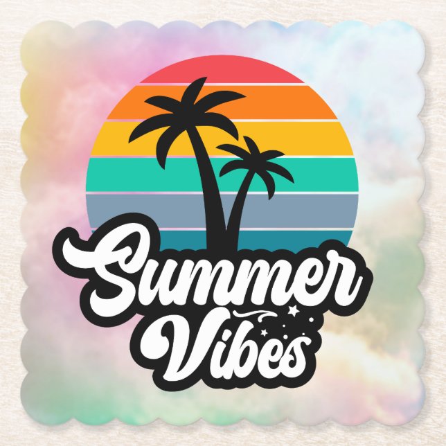 Summer Vibes with Palm Trees Design Paper Coaster (Front)