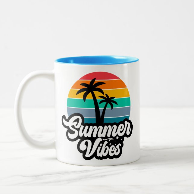 Summer Vibes with Palm Trees Design Two-Tone Coffee Mug (Left)