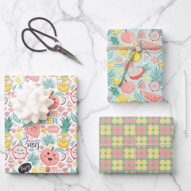 Summer Vibes Wrapping Paper Flat Sheet Set of 3 (Front)