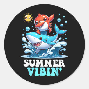 Summer Vibin' Dabbing Crab Surfing Shark Sun Cute Classic Round Sticker
