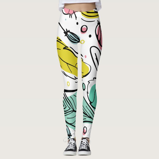 Summer vibrant leaf l Colourful White Pink Leggings (Front)