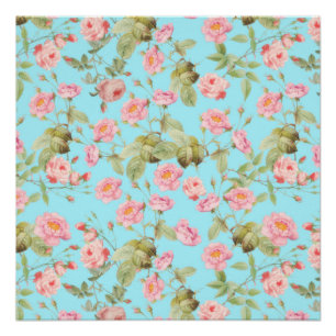 Summer Victorian Vintage Roses Pattern on Teal Poster