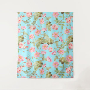 Summer Victorian Vintage Roses Pattern on Teal Tapestry