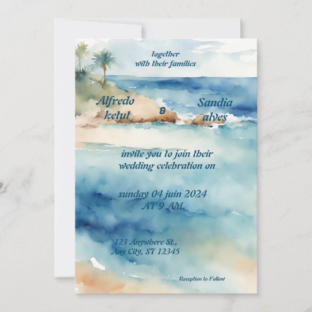 summer watercolor beach ocean blue wedding  invitation (Front)
