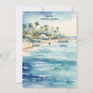 summer watercolor beach ocean blue wedding  invitation