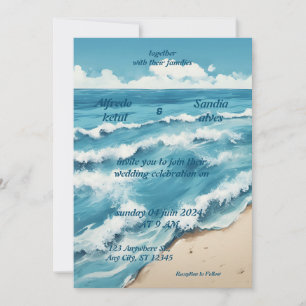 summer watercolor beach ocean blue wedding  invitation