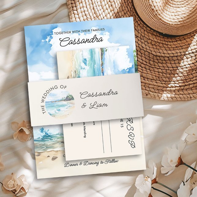 Summer Watercolor Beach Themed Wedding Invitation Belly Band (Wedding Invitation Belly Bands from the Summer Beach Wedding Collection by Darling & May)