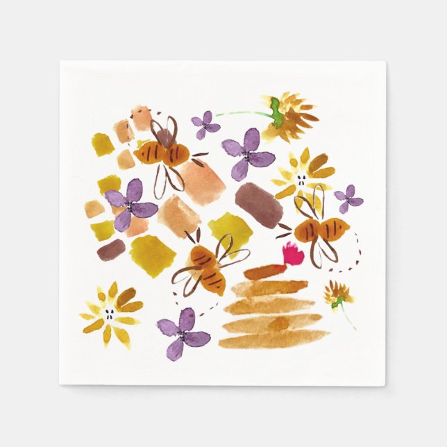 Summer Watercolor Bee and Brush Strokes Napkin (Front)