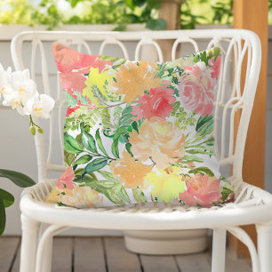 Summer Watercolor Botanical Peach Coral Yellow Cushion