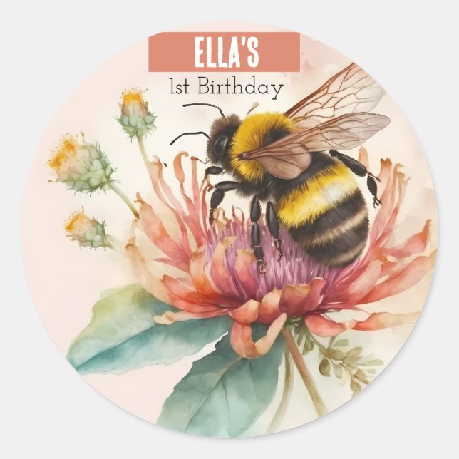 Summer Watercolor Bumblebee  First Birthday  Classic Round Sticker (Front)