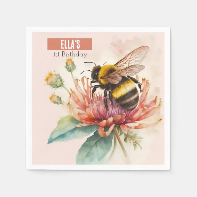Summer Watercolor Bumblebee  First Birthday  Napkin (Front)