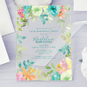 Summer Watercolor Floral 18th Birthday Clear Acrylic Invitations