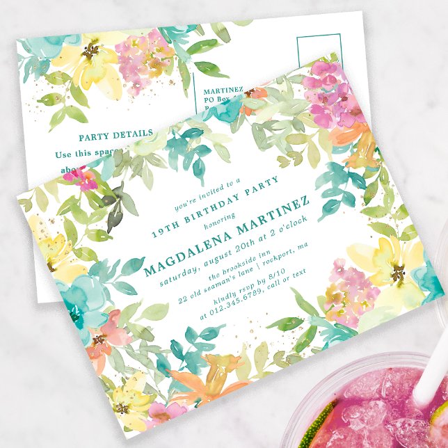 Summer Watercolor Floral 19th Birthday Invitation Postcard (Creator Uploaded)