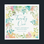 Summer Watercolor Floral 21st Birthday Custom Napkin<br><div class="desc">New for Summer 2024. Modern and colourful summer floral watercolor features pink,  turquoise blue,  yellow and orange flowers. They form rustic,  boho chic,  botanical frame around your birthday wishes. This item is part of the Summer Watercolor Floral collection. It contains professionally designed invitation templates,  welcome signs and party decorations.</div>