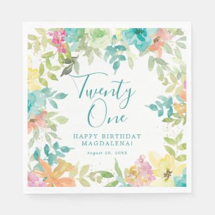 Summer Watercolor Floral 21st Birthday Custom Napkin