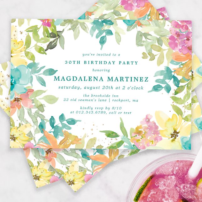 Summer Watercolor Floral 30th Birthday Party Invitation (Creator Uploaded)