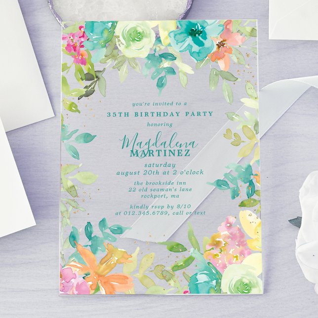 Summer Watercolor Floral 35th Birthday Clear Acrylic Invitations (Creator Uploaded)