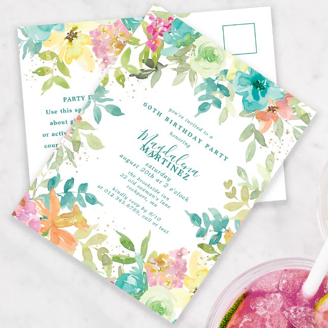 Summer Watercolor Floral 60th Birthday Invitation Postcard (Creator Uploaded)