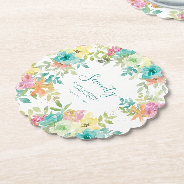 Summer Watercolor Floral 70th Birthday Party Paper Coaster (Angled)