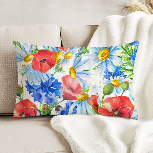 Summer Watercolor Floral Blue Red Yellow Decorative Cushion