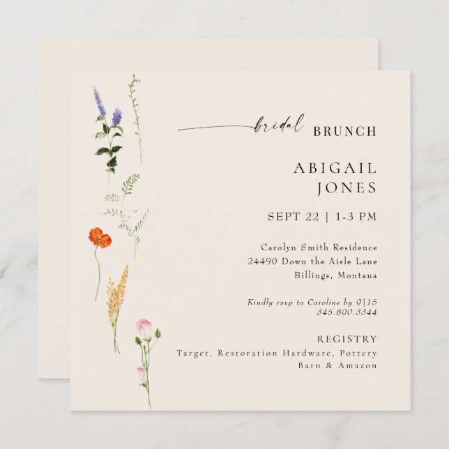 Summer Watercolor Floral Bridal Brunch Invitation (Front/Back)