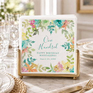 Summer Watercolor Floral Custom 100th Birthday Napkin