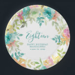 Summer Watercolor Floral Custom 18th Birthday Paper Plate<br><div class="desc">New for Summer 2024. Modern and colourful summer floral watercolor features pink,  turquoise blue,  yellow and orange flowers. They form rustic,  boho chic,  botanical frame around your birthday wishes. This item is part of the Summer Watercolor Floral collection. It contains professionally designed invitation templates,  welcome signs and party decorations.</div>