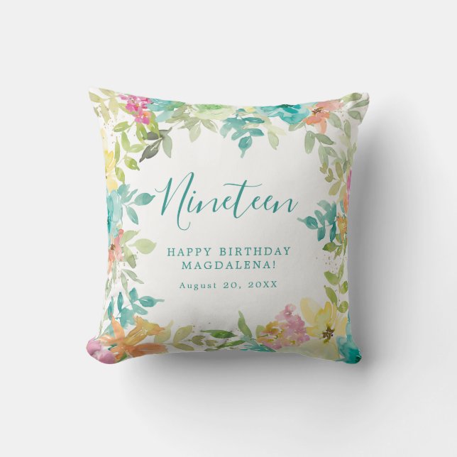 Summer Watercolor Floral Custom 19th Birthday Cushion (Front)